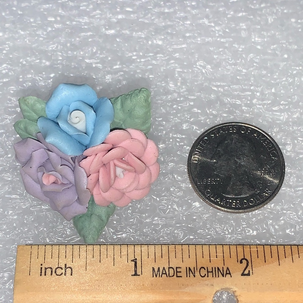 Ceramic Blue, Pink, & Violet Roses Brooch Pin - Picture 6 of 14